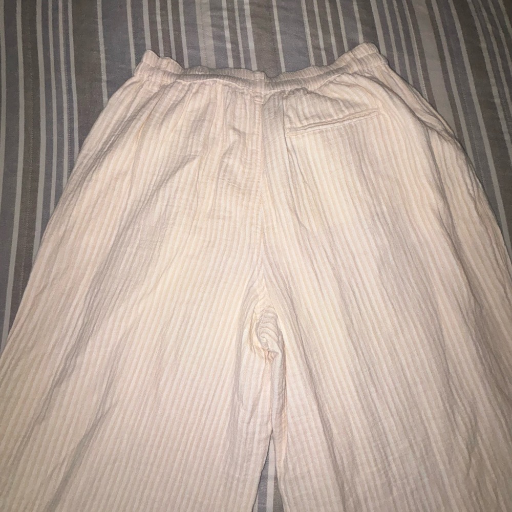 Aerie Women Cream Pin Strip Wide Leg Pleated Pockets Cotton Comfort Size Medium - Picture 4 of 12